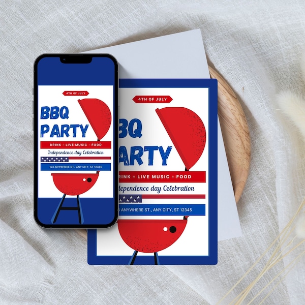 Editable 4th of July Party Invitation | Indepence Day Invite | BBQ Party Invitation | Blue And Red Illustrated 4th of July BBQ Party Invite