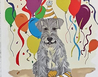 May include: A birthday card featuring a gray and white dog wearing a party hat and holding a yellow bow. The dog is surrounded by colorful balloons and confetti. The card reads "Happy Birthday!"