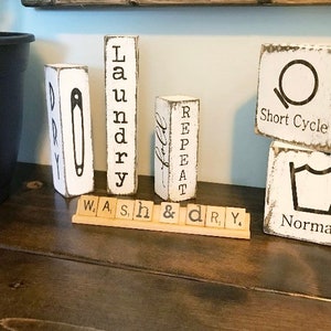 Laundry Blocks, laundry room decor, laundry sign, wood signs, laundry decor, safety pins, vintage laundry, wash dry rinse repeat