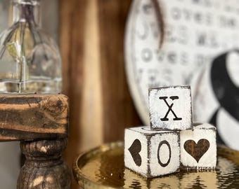 Mini Valentine Blocks: Distressed White Wood Decor, XOXO Hearts (Set of 8)