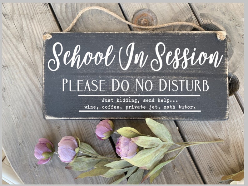 May include: Black wooden sign with white text that reads "School In Session PLEASE DO NO DISTURB Just kidding, send help... wine, coffee, private jet, math tutor."