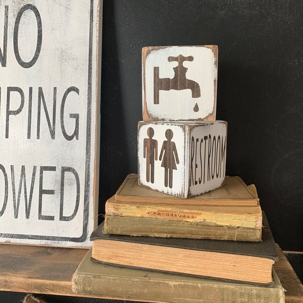 Distressed White Restroom Blocks: Farmhouse Bathroom Decor