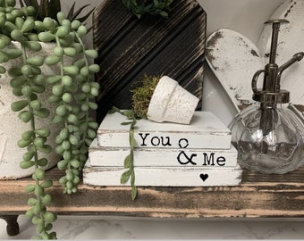 book stacks, wooden books, faux books, stamped books, mini books, tiered tray decor, tiered tray sign, you & me,  decorative trays