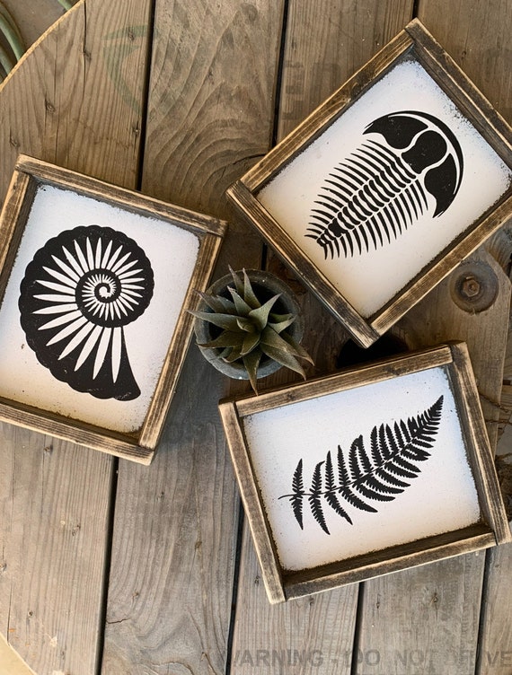 Prehistoric Fossil Wooden Signs: Distressed Gallery Wall Decor, Set of 3