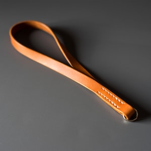 Puede incluir: Una correa de cámara de cuero marrón con costuras blancas y un lazo de metal.