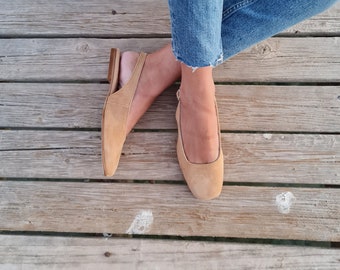 Beige ballet flats, ballerina slingback schoenen, muilezel schoenen vrouwen, lederen pantoffels, vierkante teen ballet flats, vrouwen platte schoenen, handgemaakte schoenen