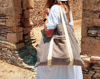 Terry Leopard Beach Bag for women, Large tote bag, large shopper, Handmade towel bag, Summer Beach Handbag, women&#39;s bag, gift for her,