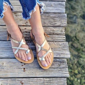 Gold Leather Greek Sandals with Braided Strap, Handmade Flat Sandals for Women, Summer flats