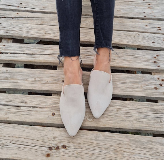 Leather Mules, Beige Loafers, Beige Slippers, Greek Leather Moccasins, Slip on Flats, Pointy Mules, Women's Loafers, Soft Leather