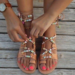 Handmade decorated leather sandals, Greek tie up Sandals, Colorful beads, Slip on Sandals, Summer flats, Women's Sandals, Gladiators sandals image 6