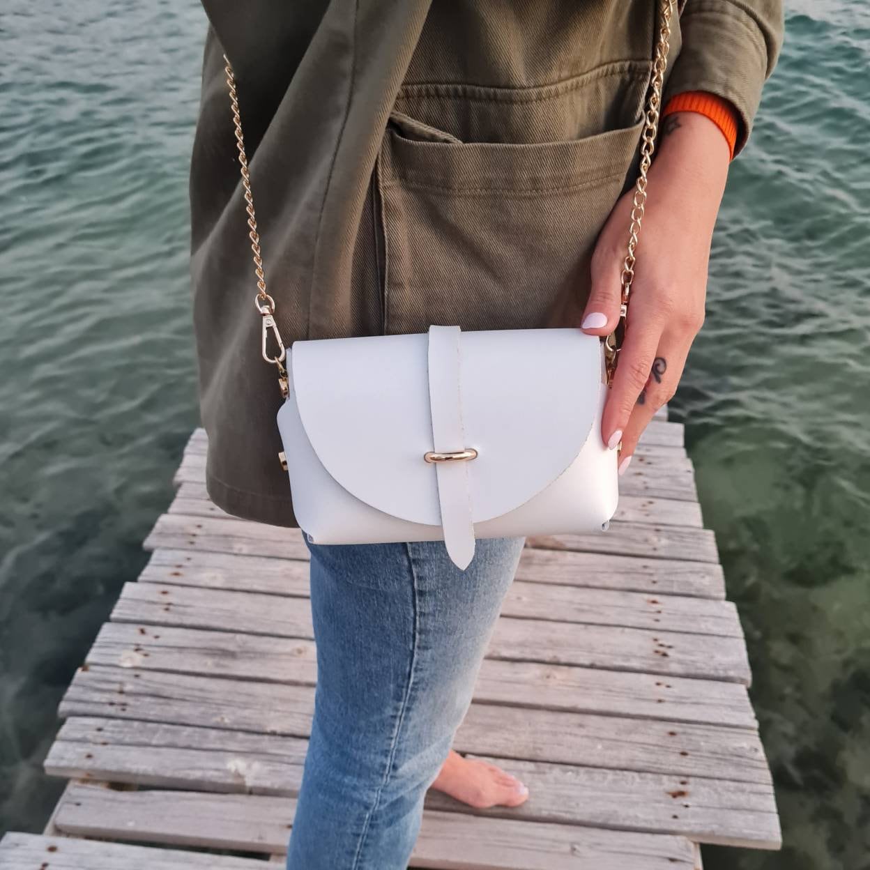 New white Cross Body Bag, Evening Bag, Leather Bag, Women bag, Leather Handbag, Crossbody Women's Bag, Leather Purse, gold metallic chain