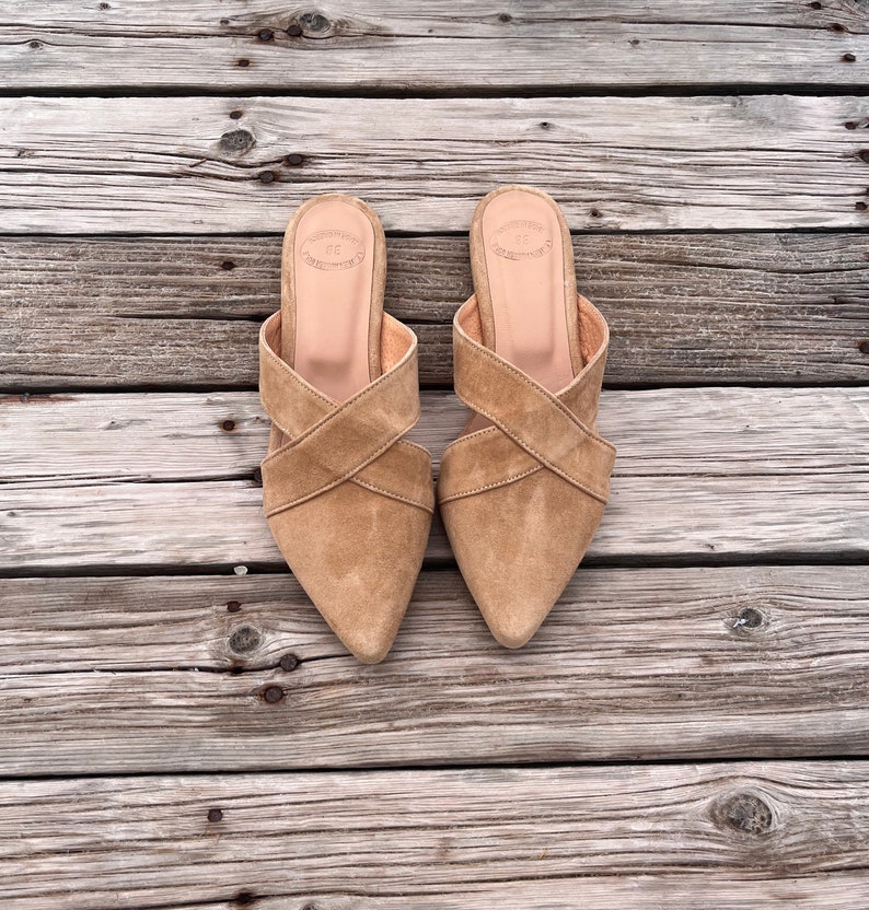 Suede Leather mules for women, beige loafers, suede slippers, Greek moccasins, slip on flats, pointy mules, women flat shoes, low heel flats image 7