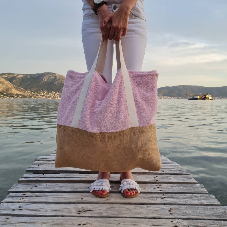 Terry Fabric Beach Bag for women, Reversible towel bag, Summer Beach Handbag,women bag, large floral Beach Bag with inside pocket,Handmade image 5