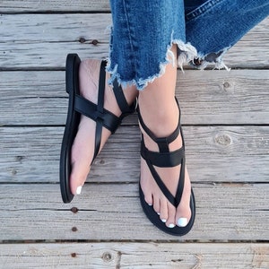 Handmade Greek black Leather Sandals with a luxuriously soft footbed, Crafted in Greece, Open toe flat shoes, metallic buckles, Summer flats image 3