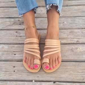 Toe loop strappy  sandals, Gladiator Sandals, Leather summer flats, barefoot sandals, open toe sliders, slip on sandals, Handmade Greek Flat