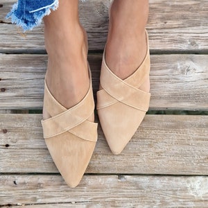 Suede Leather mules for women, beige loafers, suede slippers, Greek moccasins, slip on flats, pointy mules, women flat shoes, low heel flats image 9