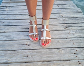 Gold griechische Ledersandalen, Strand Hochzeitsschuhe, griechische Gladiator Ledersandalen für Frauen, Offene Zehensandalen, flache Sommerschuhe, Boho Wohnungen