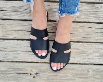 Black Cut Out flat sandals for women, Greek Open toe shoes, Women Summer Flats, Summer slippers, Greek slip on sandals, gladiator flat shoes