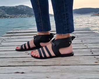 Black Leather sandals with wings, Women Greek Gladiator Leather Sandals, Greek sandals, Leather Flats with ankle strap,Women shoes,Slip Ons