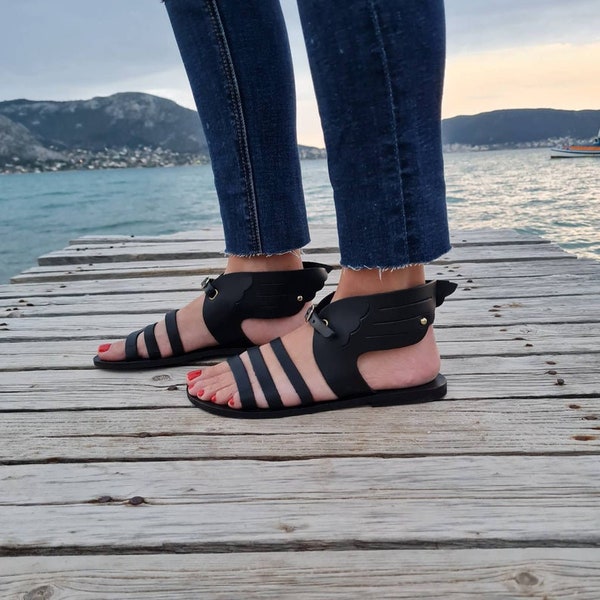 Black Leather sandals with wings, Women Greek Gladiator Leather Sandals, Greek sandals, Leather Flats with ankle strap,Women shoes,Slip Ons