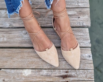 Handmade Tie up ballet shoes for women, lace up ballerina flats, ankle wrap pointy leather pumps, suede slippers, beige suede ballet flats