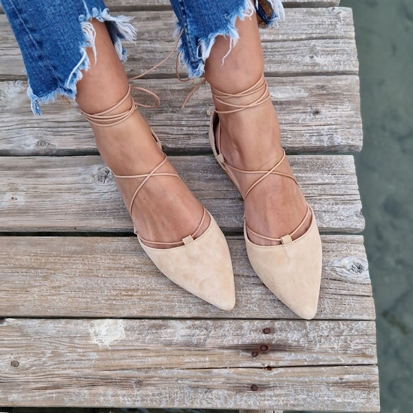Beige ballet shoes for women, handmade lace up ballerina flat shoes, pointy leather pumps, suede ballerina slippers, leather ballet flats