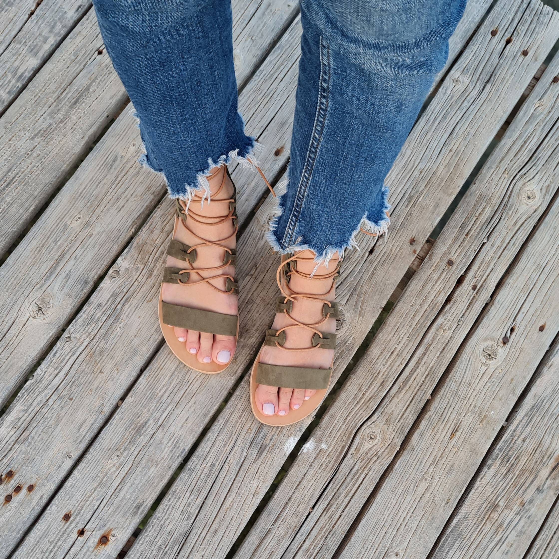 Greek Nubuck Leather Sandals in Cypress Green Tie up Sandals 