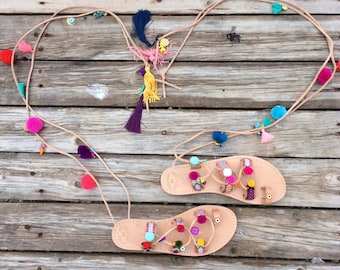 Pom Pom Decorated Greek Leather Sandals for Women, Handmade Boho
