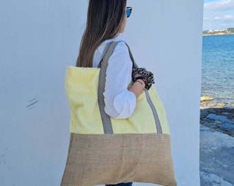 Sac de plage jaune, sac de plage en tissu éponge pour femmes, fourre-tout de plage, sac à serviettes réversible, sac à main d'été pour femmes, sac de plage avec poche intérieure