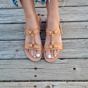 Greek Leather Sandals with ankle strap, Greek Gladiator sandals for women, Open toe Summer flat shoes, Slipper Unisex sandals,Handmade Flats