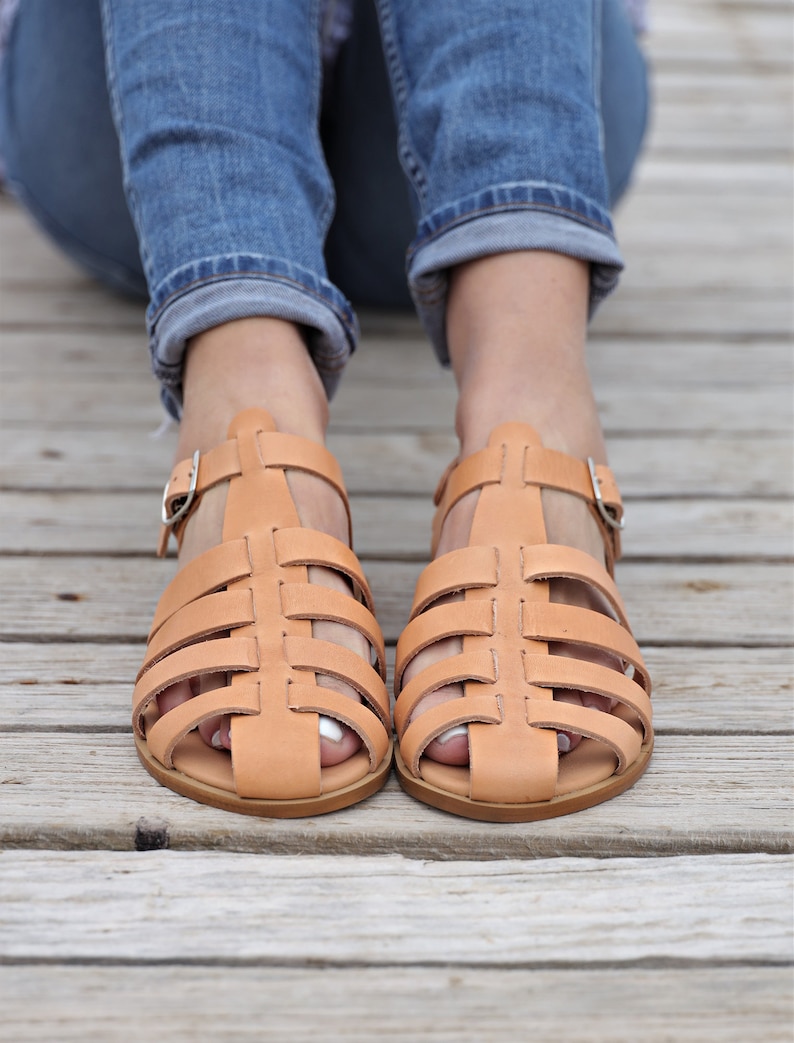 Sandales en cuir de pêcheur pour femmes avec lit moelleux, chaussures plates avec bride à la cheville, sandales aux pieds nus, sandales spartiates avec boucle, sandales grecques faites main image 7