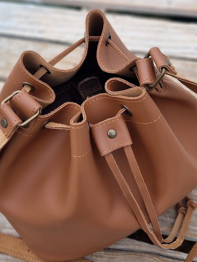 Tobacco bucket Handbag, Cross body Leather bag, Leather Tote, Shoulder Bag, Handmade Real Leather purse, Shopper Bag, Leather Satchel image 2