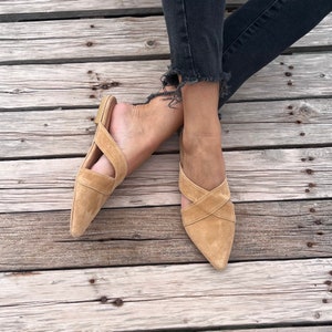 Suede Leather mules for women, beige loafers, suede slippers, Greek moccasins, slip on flats, pointy mules, women flat shoes, low heel flats image 3