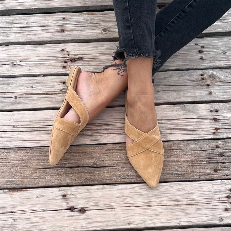 Suede Leather mules for women, beige loafers, suede slippers, Greek moccasins, slip on flats, pointy mules, women flat shoes, low heel flats image 3