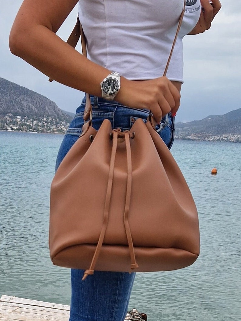 Tobacco bucket Handbag, Cross body Leather bag, Leather Tote, Shoulder Bag, Handmade Real Leather purse, Shopper Bag, Leather Satchel image 1