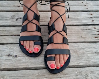 Black Greek Leather Sandals, Tie Up Leather Sandals, Lace up Sandals Gladiator sandals, ring toe sandals, Summer Leather Sandals,Women shoes