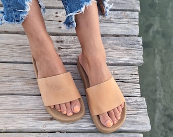 スライドサンダル、ギリシャサンダル、ギリシャレディーススライドサンダル、レディースサンダル、レザーサンダル、レディースレザースライドサンダル、スライド、フラット、スリッポン