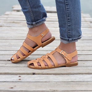 Fisherman Leather Sandals for women with soft bed,Ankle strap flats,Barefoot Sandals,Gladiator Sandals with buckle,handmade Greek sandals image 10