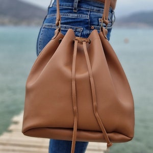 Tobacco bucket Handbag, Cross body Leather bag, Leather Tote, Shoulder Bag, Handmade Real Leather purse, Shopper Bag, Leather Satchel image 9