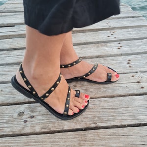 Black Studs Greek Leather Sandals, Gladiator shoes,Greek Sandals decorated with metallic gold studs,summer shoes for women, barefoot sandals
