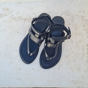Handmade Greek black Leather Sandals with a luxuriously soft footbed, Crafted in Greece, Open toe flat shoes, metallic buckles, Summer flats image 7