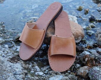 Sandalias griegas de verano, sandalias de piel auténtica, zapatos de mujer, planos de verano, chanclas, piel natural, suela de goma, sandalias clásicas antiguas, regalo