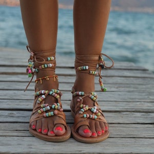 Handmade decorated leather sandals, Greek tie up Sandals, Colorful beads, Slip on Sandals, Summer flats, Women's Sandals, Gladiators sandals image 5