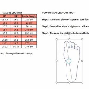 May include: A chart showing shoe sizes in European, US, and UK sizes, along with the corresponding insole length in centimeters. A diagram shows how to measure your foot for the correct size.