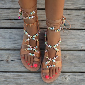 Handmade decorated leather sandals, Greek tie up Sandals, Colorful beads, Slip on Sandals, Summer flats, Women's Sandals, Gladiators sandals image 2