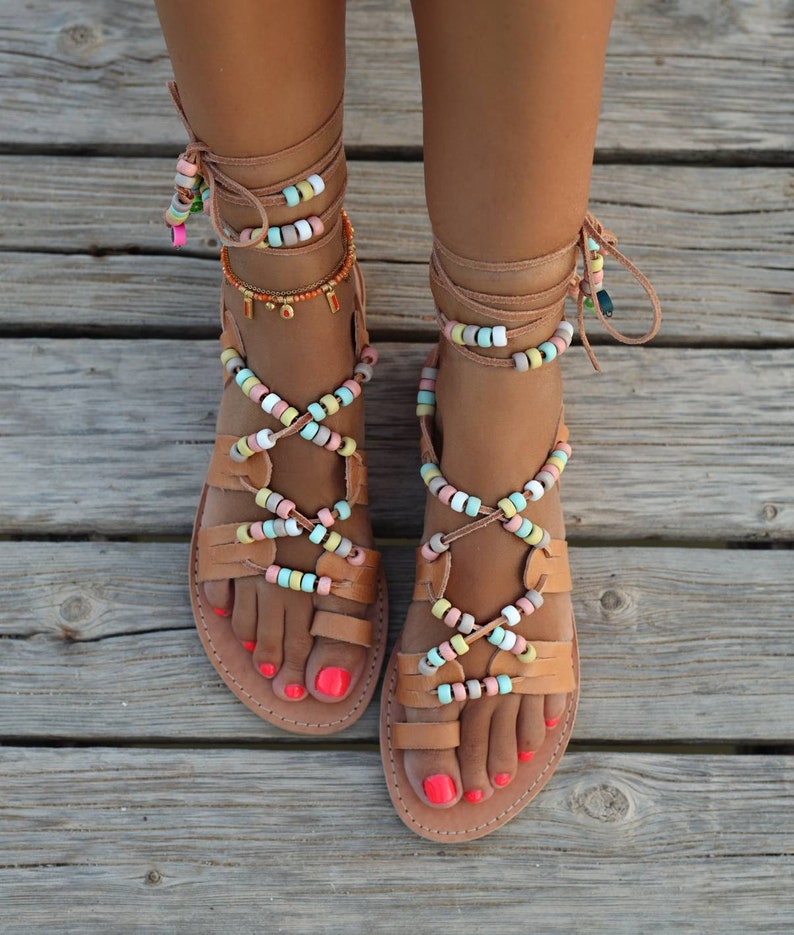 Handmade decorated leather sandals, Greek tie up Sandals, Colorful beads, Slip on Sandals, Summer flats, Women's Sandals, Gladiators sandals image 2