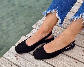 Black Ballerina Slingback flat shoes for women, Suede Leather Mules, Leather Slippers, Square toe Ballet flats, Women Flat Shoes, Handmade