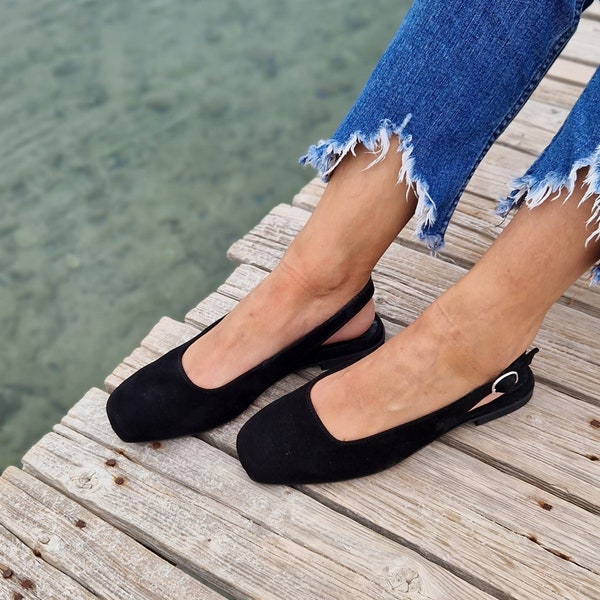 Black Ballerina Slingback flat shoes for women, Suede Leather Mules, Leather Slippers, Square toe Ballet flats, Women Flat Shoes, Handmade