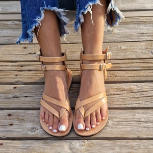 Sandalias de piel con tiras y hebillas para mujer, sandalias planas con tiras en el tobillo, sandalias descalzas, sandalias gladiador con hebillas, sandalias planas de verano.