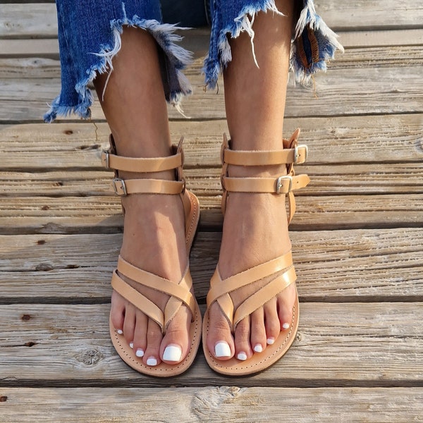 Leather strappy buckled Sandals for women, Ankle straps flats, Barefoot Sandals, Gladiator Sandals with buckles, summer flats.